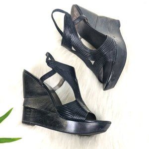 Diane Von Furstenberg DVF Wooden Platform Wedge Sandals 6.5 Black Sculpted